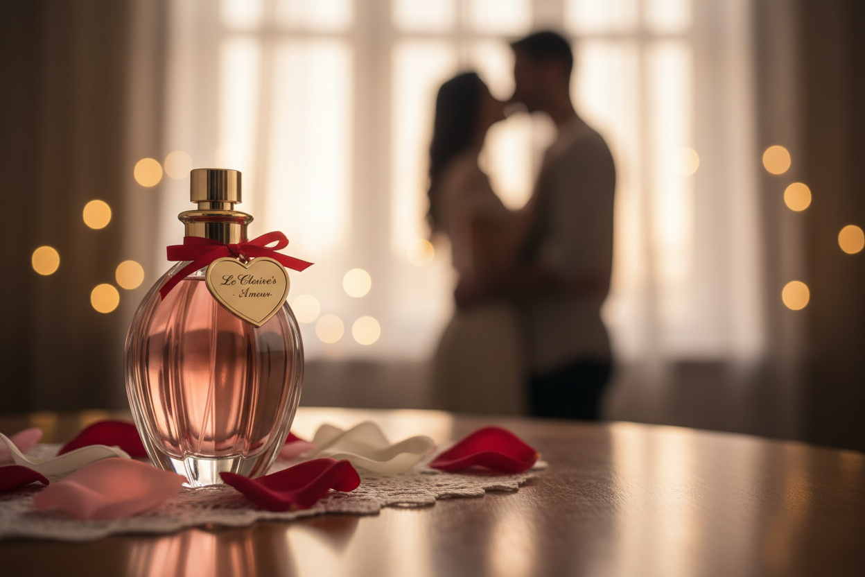 a bottle of perfume as a valentine git is sitting on the table while two people in the background are kissing each other. Those people are blurred in the background and the focus is on the Le Claire's perfume bottle.
