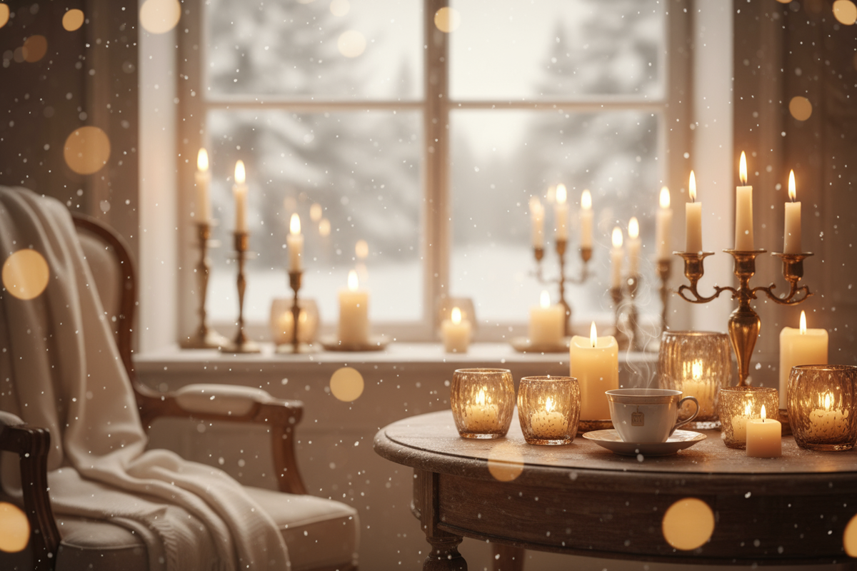 subtle snowflakes, warm golds, or candlelight imagery.